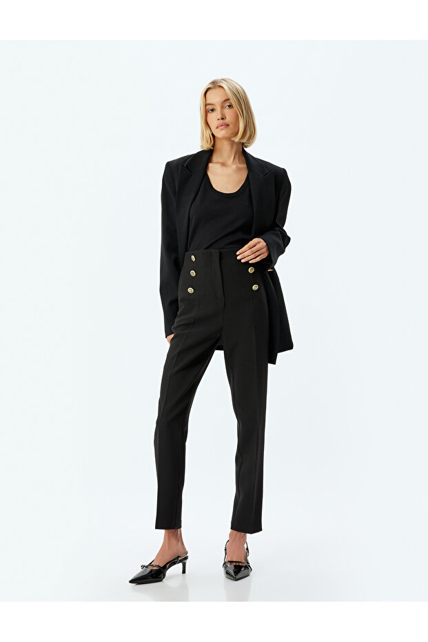 Carrot Cut Gold Button Detailed High Waist Fabric Trousers