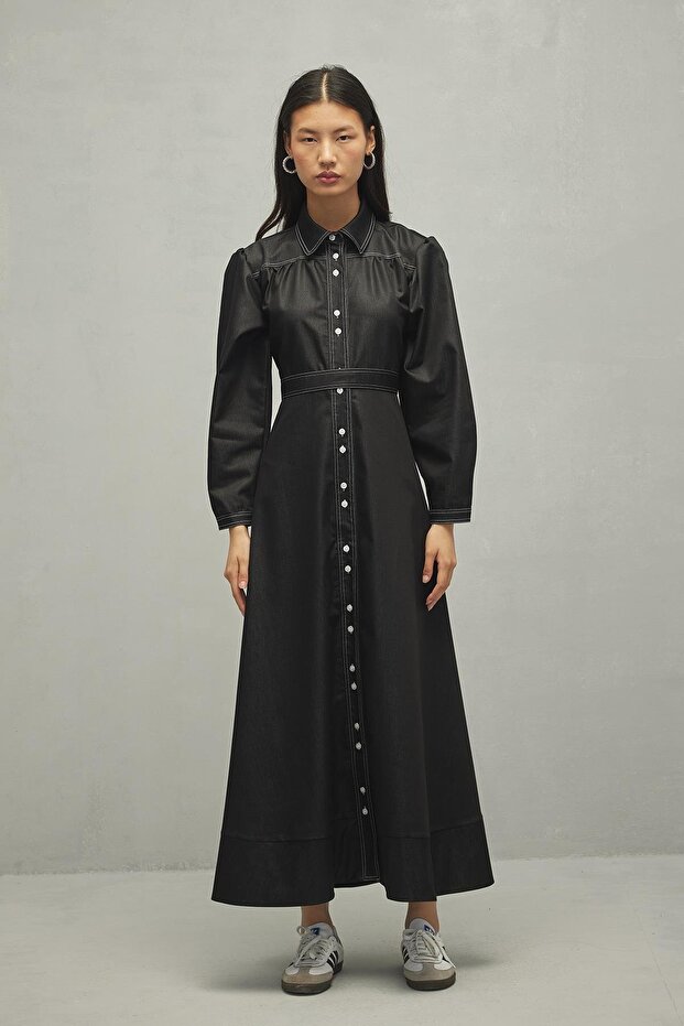 Dikişli Elbise Kot Siyah - 5