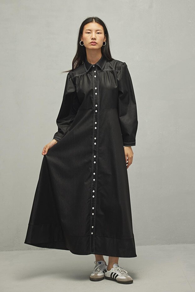 Dikişli Elbise Kot Siyah - 6