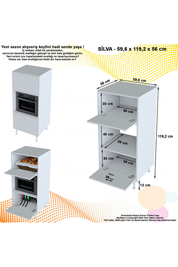 SİLVA 59,6 x 119,2 x 56 cm Çift Kapaklı Ankastre Fırın ve Mutfak Dolabı - 7
