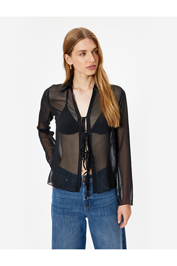 Tulle Sheer Shirt Front Tie Detail Long Sleeve