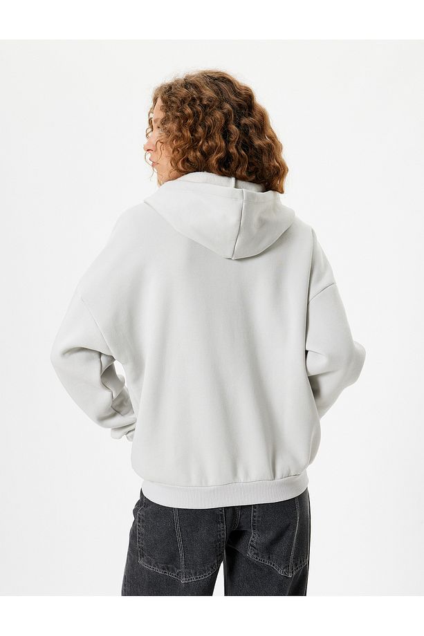 Oversize Fermuarlı Sweatshirt Kapüşonlu Yıldız İşlemeli Cep Detaylı Şardonlu - 4