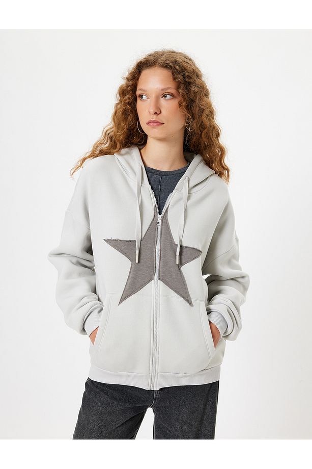Oversize Fermuarlı Sweatshirt Kapüşonlu Yıldız İşlemeli Cep Detaylı Şardonlu - 3