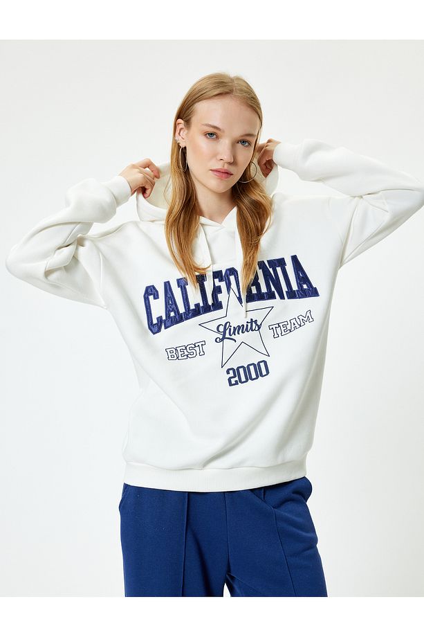 Oversize Kapüşonlu Sweatshirt Kolej İşlemeli Uzun Kollu Şardonlu - 1