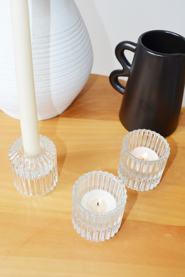 Cam Şeffaf Şamdan Mumluk, 3 lü Set Çift Taraflı - 2