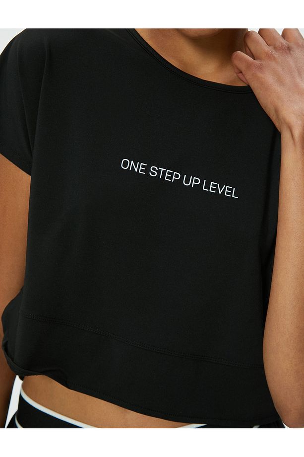 Slogan Baskılı Bisiklet Yaka Crop Tişört - 5