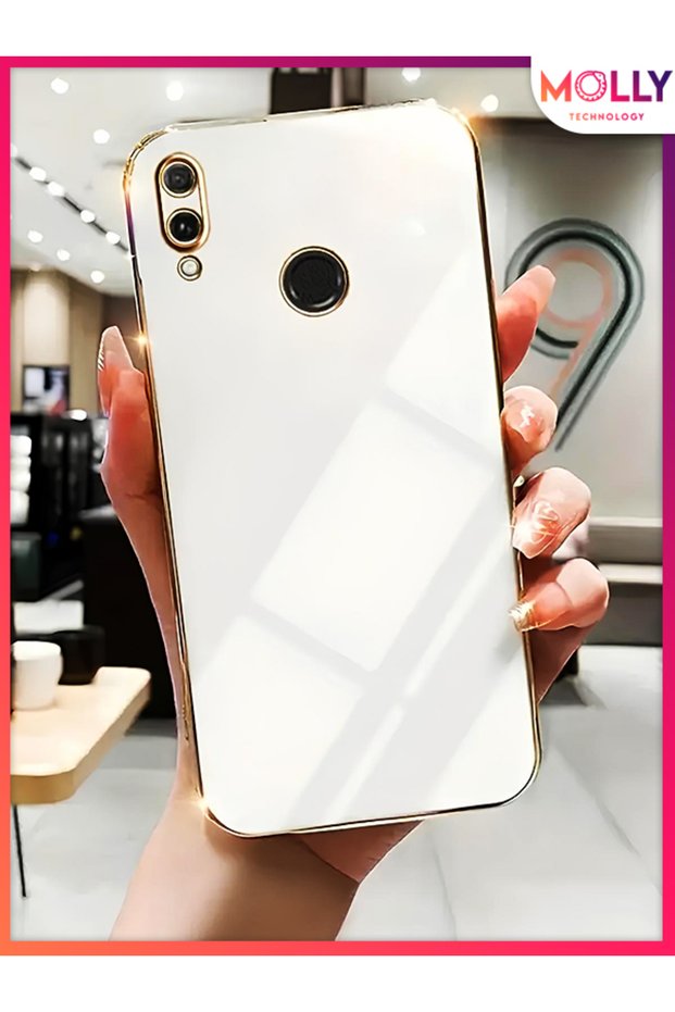 Luxury Silicone Case for Huawei Y7 2019 with Pearl White Edges Gold Detail