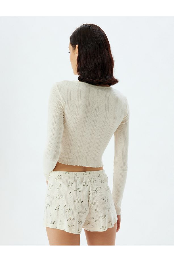 Örme Crop Pijama Üstü Düğmeli Yuvarlak Yaka Uzun Kollu - 4