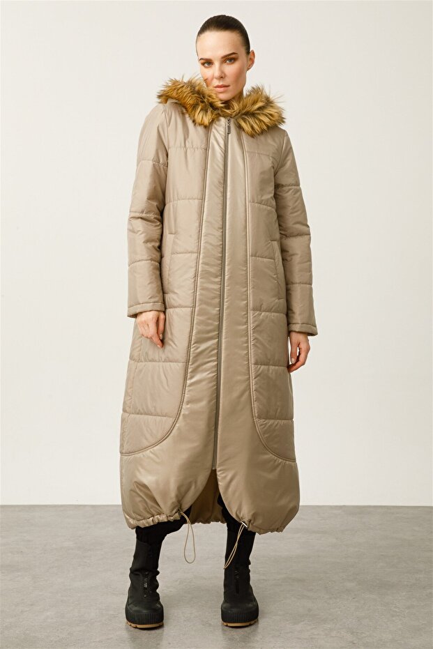 Wolf Kürklü Kapitone Şişme Manto-Taş - 2