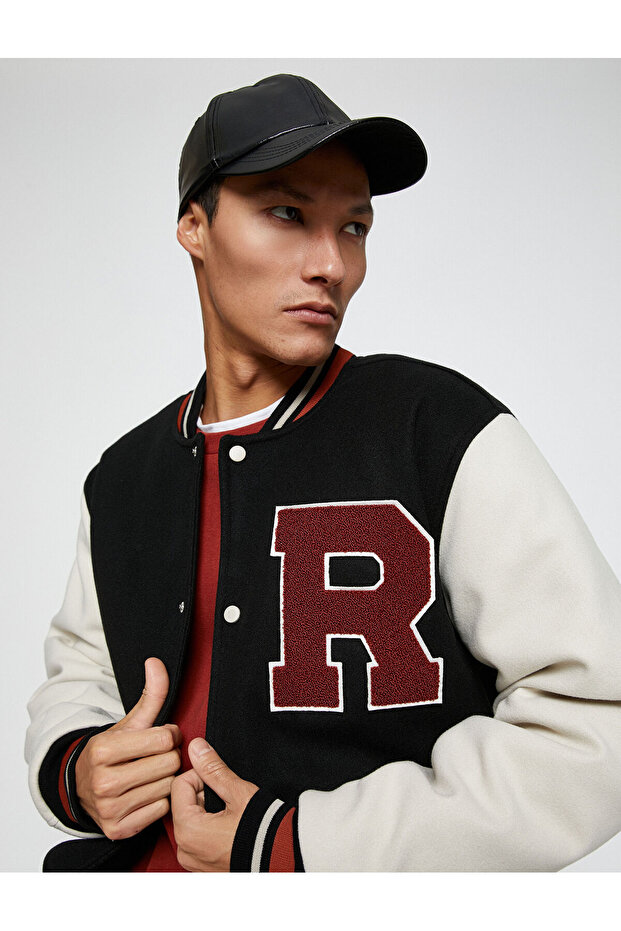 College Jacket Bomber Collar with Embroidery Detail, Snap Buttons and Pockets