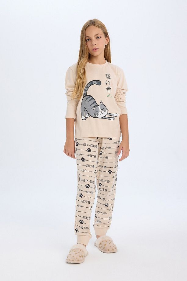 Kız Çocuk Pijama Takımı Kedi Baskılı Uzun Kollu Üst Uzun Alt D2118a824au - 2