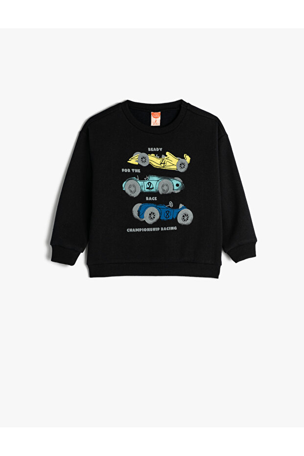 Sweatshirt with Car Print, Long Sleeves, Crew Neck, Embossed