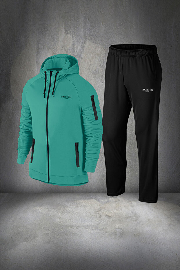 Plus Sizemen's Water Green Special Supra Combed Cotton Zippered Pocket Casual Full Tracksuit Set 4-10XL