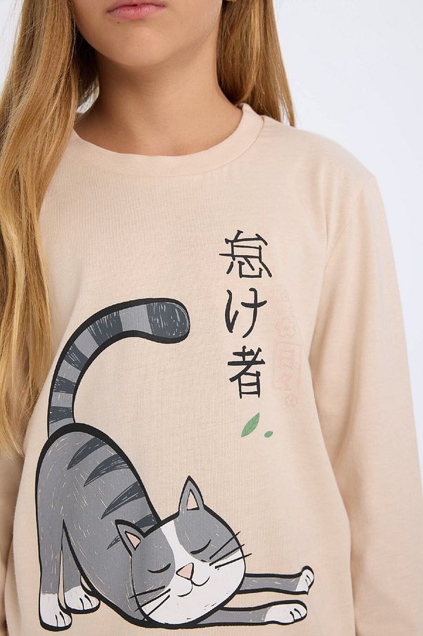 Kız Çocuk Pijama Takımı Kedi Baskılı Uzun Kollu Üst Uzun Alt D2118a824au - 4