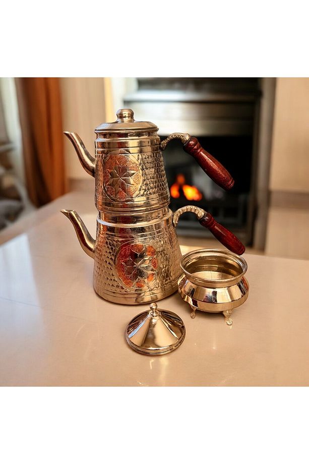 Bakır Çaydanlık Bakır Şekerlik Gümüş Renk Takım El Yapımı Dövme Bakır Aile Boy Büyük Çaydanlık - 6