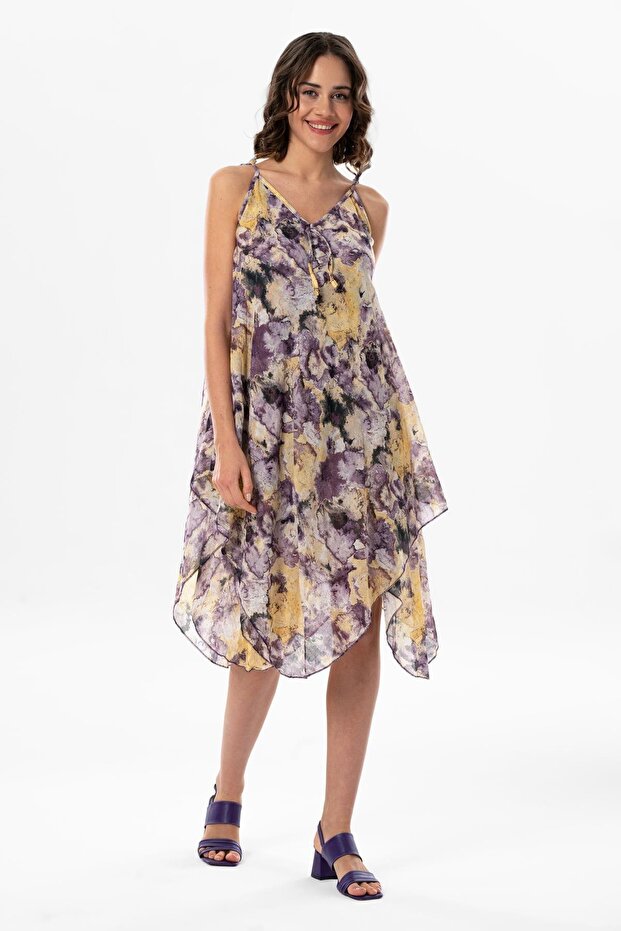 Strappy Voile Aphrodite Midi Length Summer Dress Tie Dye Purple 6207