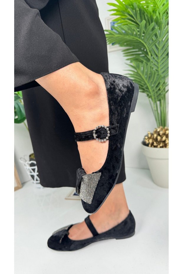 Daily Women's Black Velvet Stone Ballerina Ballet Flats with Single Strap Buckle Oval Toe Serrated Sole Shoes 285