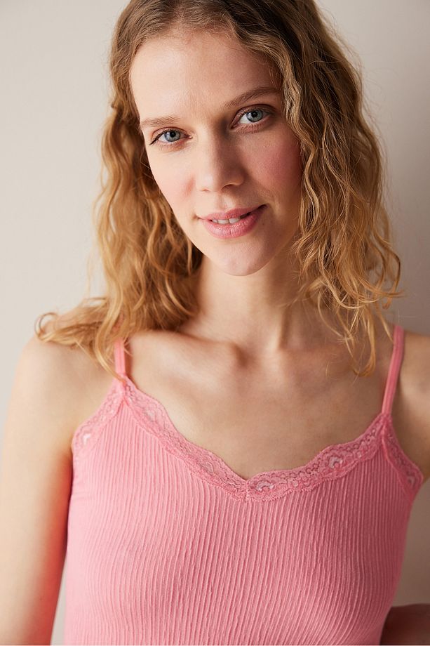 Lace Textured Dantel  Pembe Üst - 2