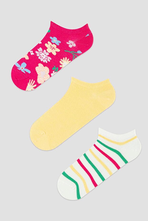 Floral Patterned Striped 3-Piece Booties Socks - 1