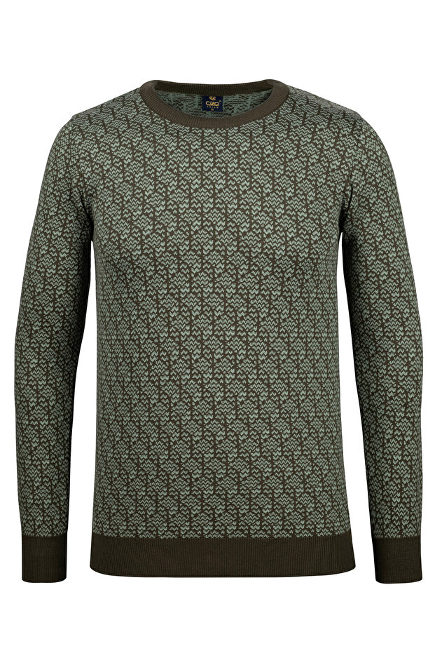 Men's Coarse Knit Crew Neck Knitwear Khaki Sweater Patterned Regular Fit - 5023