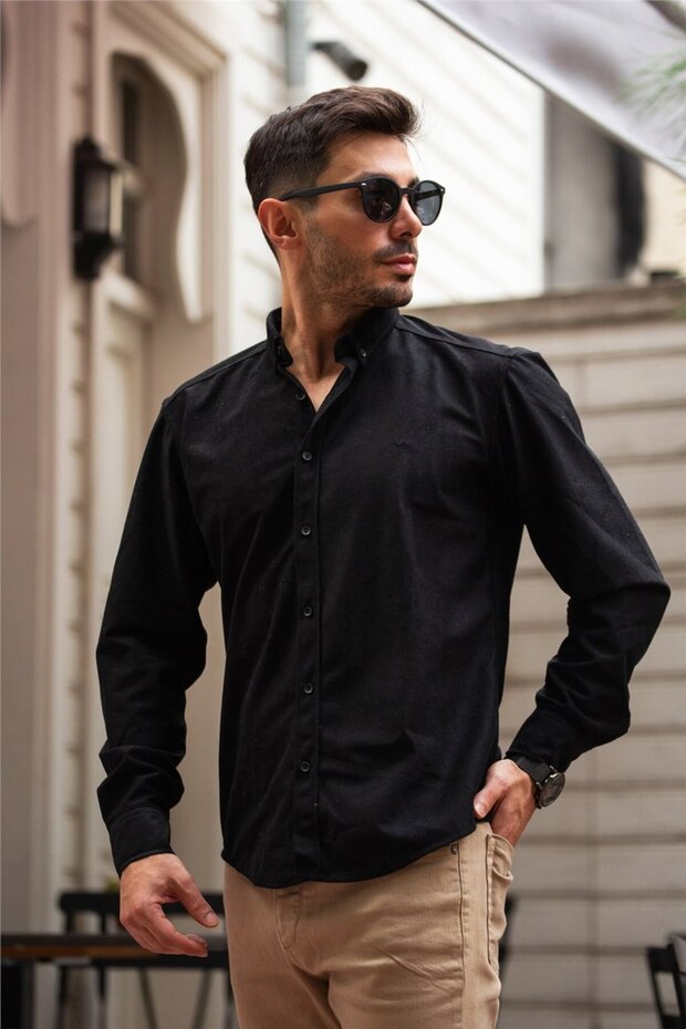 Slim Fit Velvet Shirt - Black
