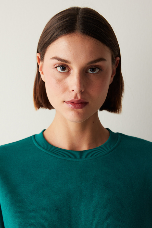 Yeşil Bisiklet Yaka Oversize Basic Sweatshirt - 3