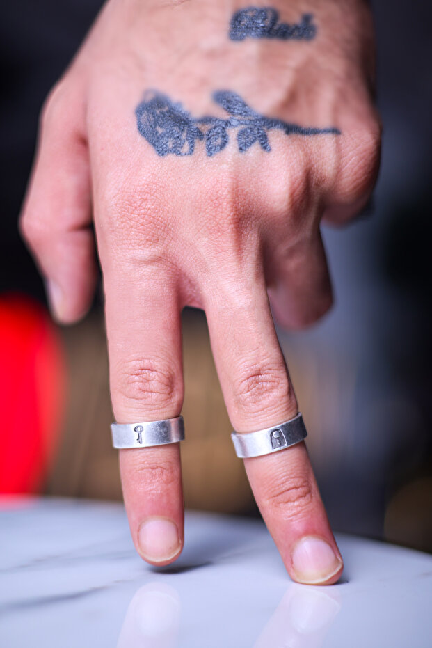 Anahtar Ve Kilit Çift Alyans 2'li Set Gümüş Kaplama Ayarlanabilir Yüzük - 1