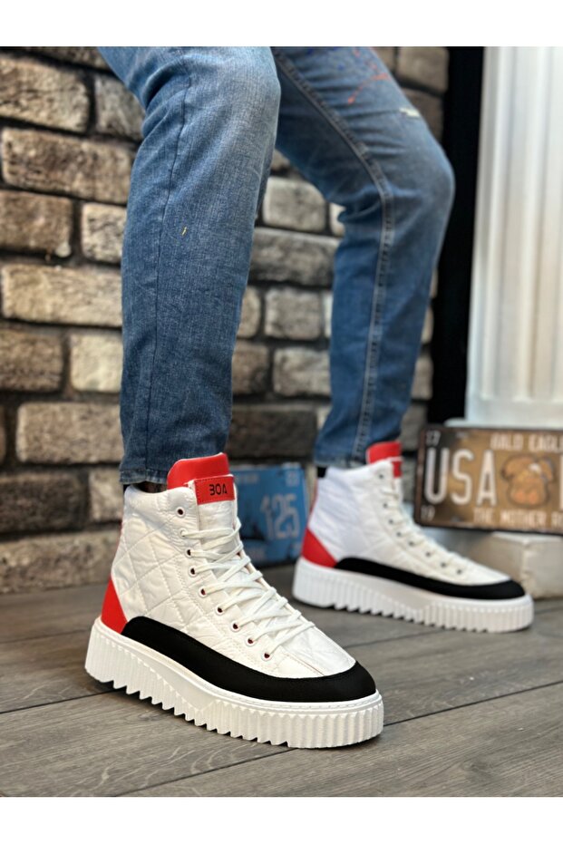 BA0811 BOA High Sole White Parachute Fabric Red Skin Detailed Men's Shoes