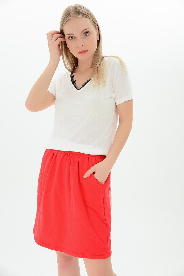 20061494 Single Jersey V-Neck Collar Lace Short Sleeve Blouse White