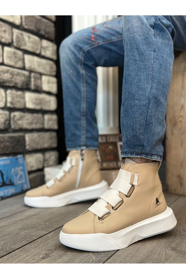 ML0142 Bantlı Erkek Yüksek Taban Krem Beyaz Spor Bot - 2