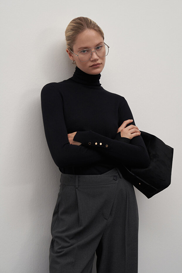 Black Turtleneck Basic Knitwear Sweater - 5