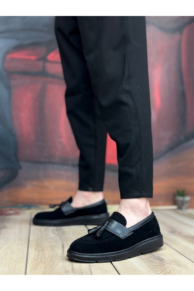 BA0005 Laceless High Sole Black Belted Classic Tasseled Corcik Men's Shoes