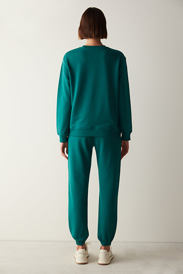 Yeşil Bisiklet Yaka Oversize Basic Sweatshirt - 5