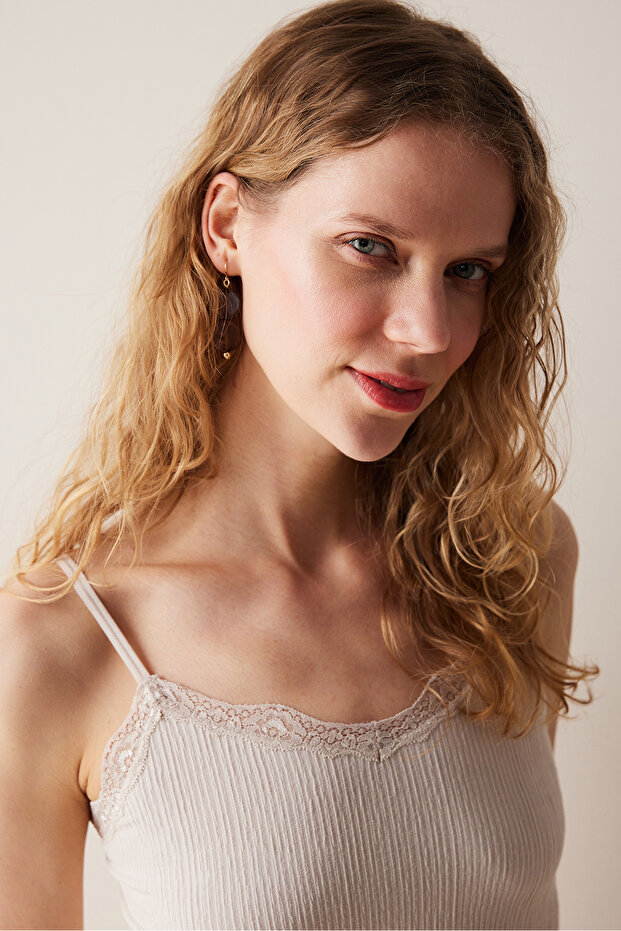 Lace Textured Dantel Bej Üst - 4