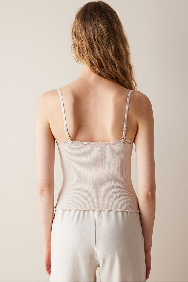 Lace Textured Dantel Bej Üst - 5