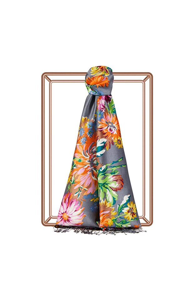 شال حرير منقوش - نمط الأقحوان - رمادي - 1