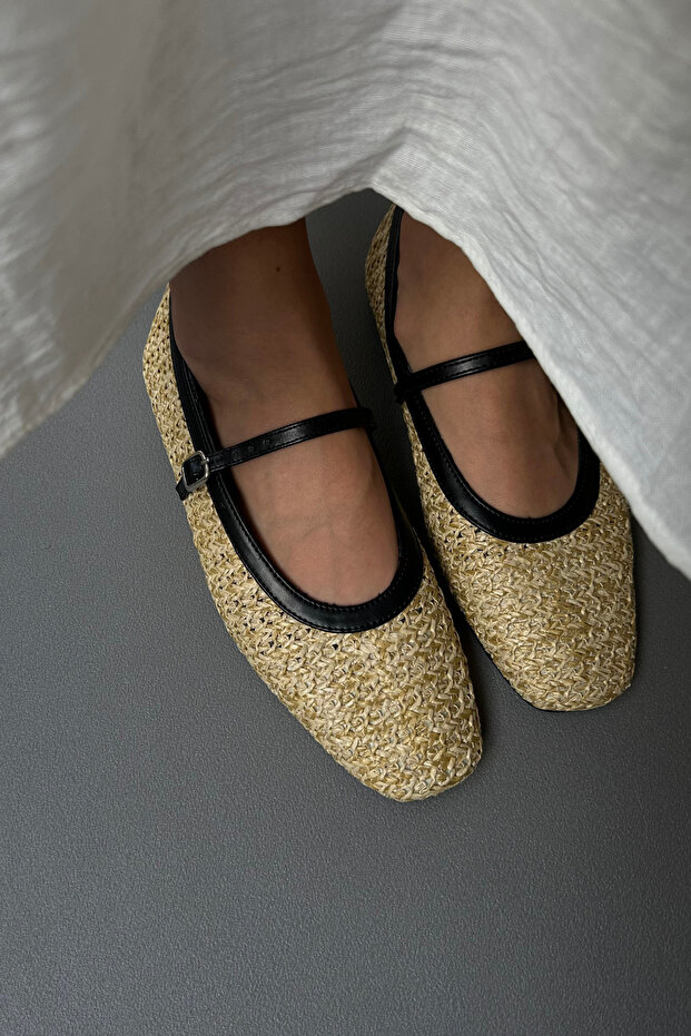 Women's Straw Ballerinas Black