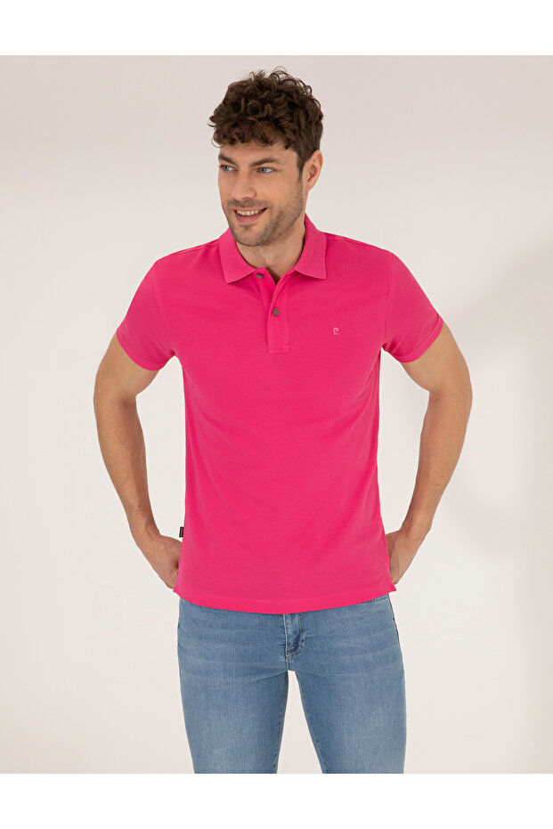 Pink Slim Fit 100% Cotton Buttoned Polo Collar Basic T-Shirt 50262660-Vr023
