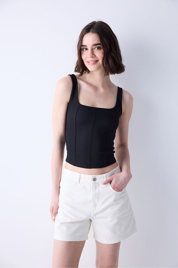 Corset Look Siyah Crop Top - 2