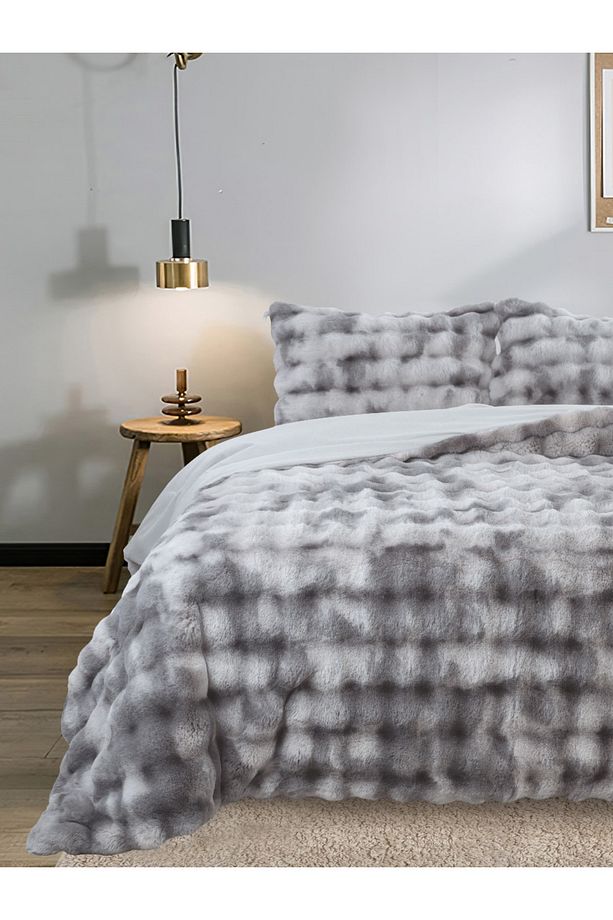 Bubble Soft Tavşan Tüyü Çift Kişilik Yatak Örtüsü Seti Gri 220x240 - 2