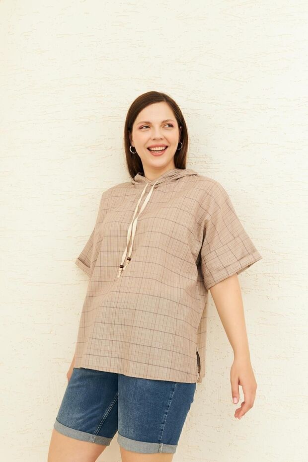 Taba Ekoseli Kapüşonlu Bluz - 5