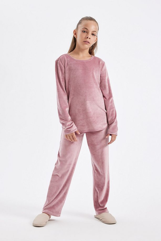 Kız Çocuk Pijama Takımı Bisiklet Yaka Polar Uzun Kollu Üst Uzun Alt D1067a824wn - 1