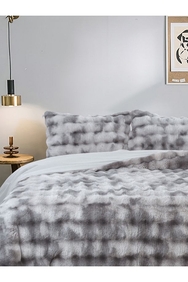 Bubble Soft Tavşan Tüyü Çift Kişilik Yatak Örtüsü Seti Gri 220x240 - 4