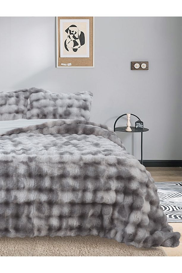 Bubble Soft Tavşan Tüyü Çift Kişilik Yatak Örtüsü Seti Gri 220x240 - 3