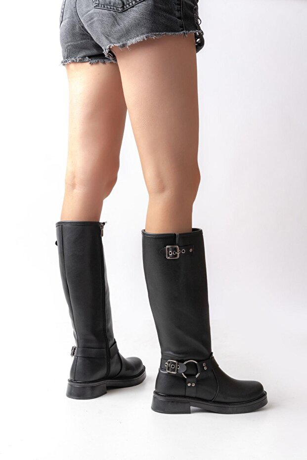 02-312 Black Zippered Daily Women's Boots with Buckle Accessories