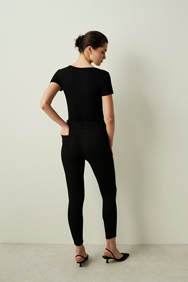 Siyah Square Neck Bodysuit - 5