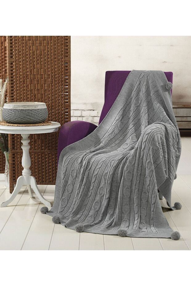 Sevda Knitwear Knitted Tv Blanket with 10 Pompoms 130 X 170 (Grey)