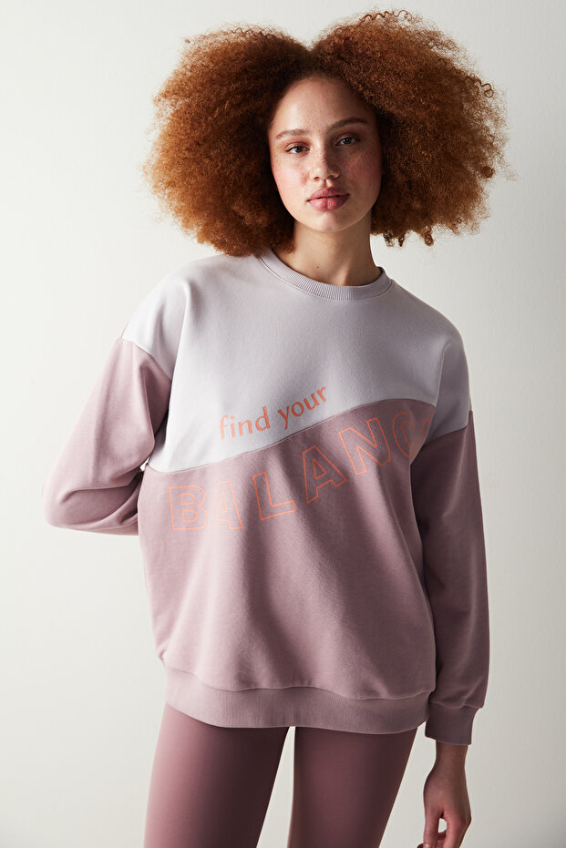 Gül Kurusu Colorblock Baskılı Sweatshirt - 1