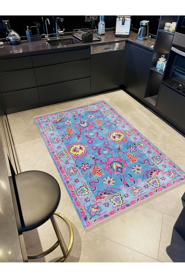 Blue Pink Ethnic Patterned Woven Base Decorative Carpet Lina30