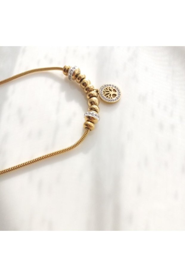 Gold Color Tree of Life Charm Zircon Stone Steel Bracelet
